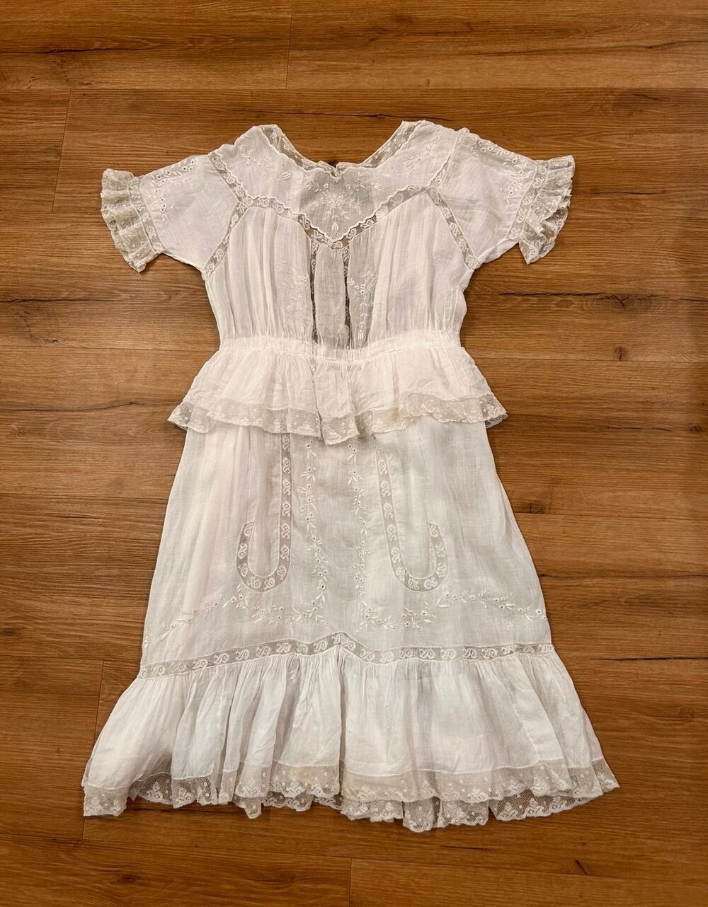 Antique 1910s Edwardian White Cotton Lawn Lace Tea Dress XS AS IS Repair -